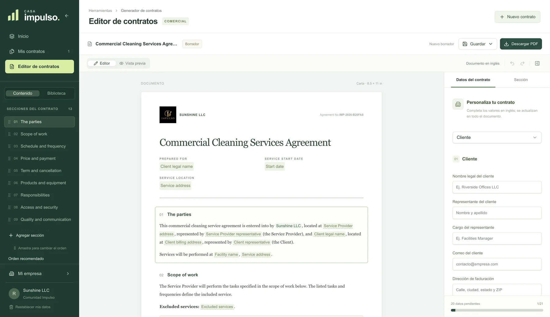 Editor de contratos de Casa IMPULSO con un Commercial Cleaning Services Agreement y el panel para completar los datos del cliente